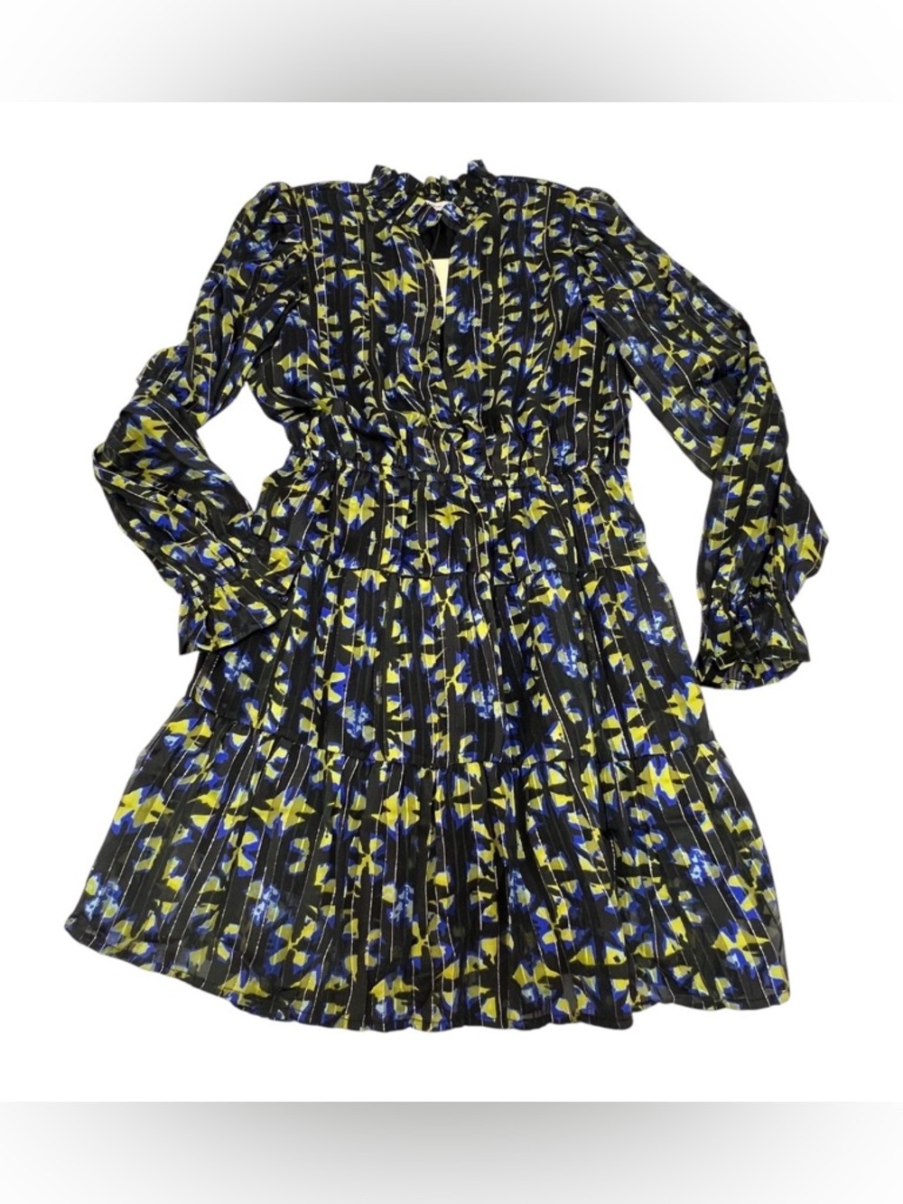 NWT Elan Long Sleeve Geo Print Isa Mini Dress, Black with Blue & Yellow Size S